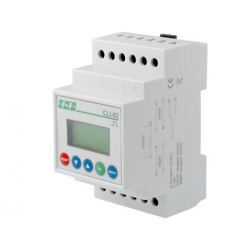 CLI-02; Counter: electronical; LCD; pulses; 99999999; relay; IN 1: voltage; F&F