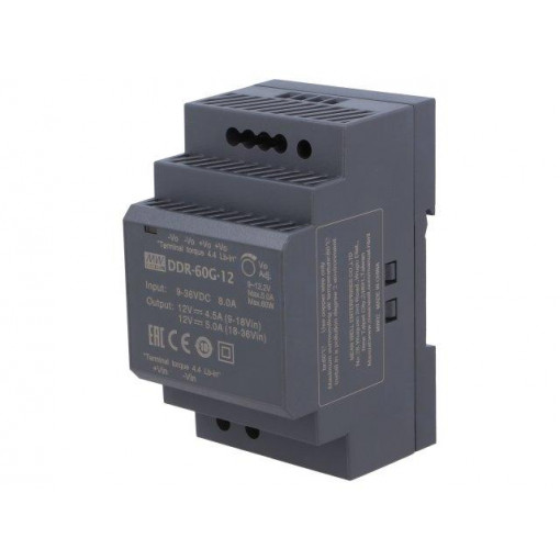 DDR-60G-12; Power supply: DC/DC; 60W; 12VDC; 5A; 9÷36VDC; Mounting: DIN; 216g; MEAN WELL