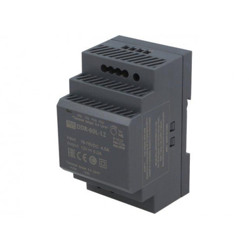 DDR-60L-12; Power supply: DC/DC; 60W; 12VDC; 5A; 18÷75VDC; Mounting: DIN; 216g; MEAN WELL