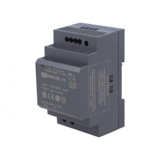 DDR-60L-15; Power supply: DC/DC; 60W; 15VDC; 4A; 18÷75VDC; Mounting: DIN; 216g; MEAN WELL