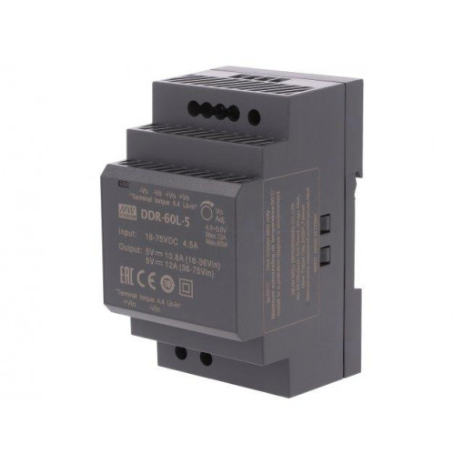 DDR-60L-5; Power supply: DC/DC; 60W; 5VDC; 12A; 18÷75VDC; Mounting: DIN; 216g; MEAN WELL