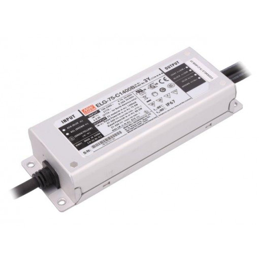 ELG-75-C1400B-3Y; Power supply: switched-mode; LED; 75W; 27÷54VDC; 1400mA; IP67; 800g; MEAN WELL