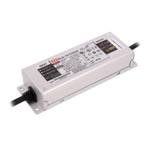 ELG-75-C500A-3Y; Power supply: switched-mode; LED; 75W; 75÷150VDC; 250÷500mA; IP65; MEAN WELL