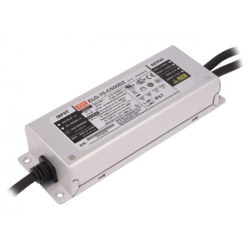 ELG-75-C500D2; Power supply: switched-mode; LED; 75W; 75÷150VDC; 500mA; IP67; 800g; MEAN WELL