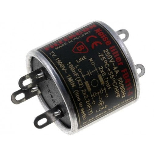 FD411-4; Filter: anti-interference; mains; Cx: 100nF; Cy: 2.2nF; 0.5mH; 250V; FILTERCON