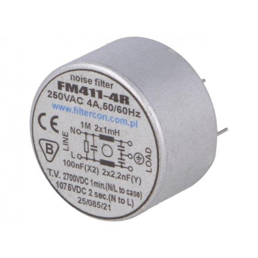 FM411-4R; Filter: anti-interference; 250VAC; Cx: 100nF; Cy: 2.2nF; 0.5mH; THT; FILTERCON