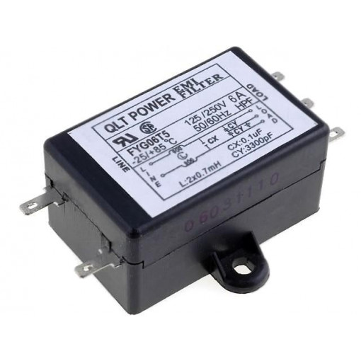FYG06T5; Filter: anti-interference; 250VAC; Cx: 100nF; Cy: 3.3nF; 0.7mH; QLT POWER FYG06T5; Filter: anti-interference; 250VAC; Cx: 100nF; Cy: 3.3nF; 0.7mH; QLT POWER