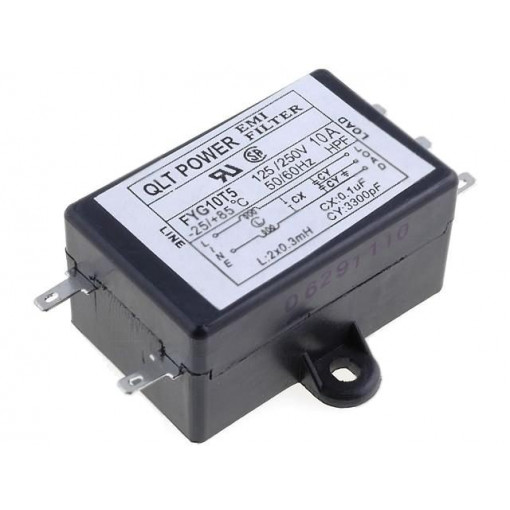 FYG10T5; Filter: anti-interference; 250VAC; Cx: 100nF; Cy: 3.3nF; 0.3mH; QLT POWER FYG10T5; Filter: anti-interference; 250VAC; Cx: 100nF; Cy: 3.3nF; 0.3mH; QLT POWER