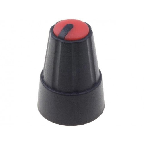 ; Knob; miniature; plastic; Øshaft: 6mm; Ø13x19mm; black; red; SR PASSIVES ; Knob; miniature; plastic; Øshaft: 6mm; Ø13x19mm; black; red; SR PASSIVES