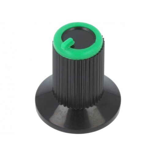 ; Knob; with flange; plastic; Øshaft: 6mm; Ø10x19mm; black; green; SR PASSIVES ; Knob; with flange; plastic; Øshaft: 6mm; Ø10x19mm; black; green; SR PASSIVES