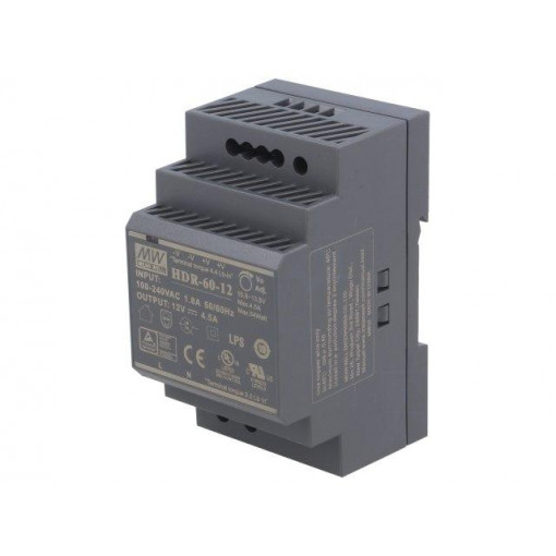 HDR-60-12; Power supply: switched-mode; 54W; 12VDC; 10.8÷13.8VDC; 4.5A; 190g; MEAN WELL