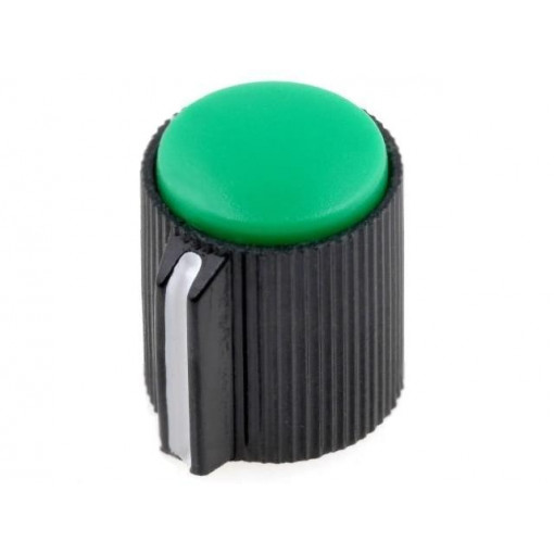 KK-14; Knob; with pointer; plastic; Øshaft: 6.35mm; Ø13x15mm; green; SR PASSIVES KK-14; Knob; with pointer; plastic; Øshaft: 6.35mm; Ø13x15mm; green; SR PASSIVES