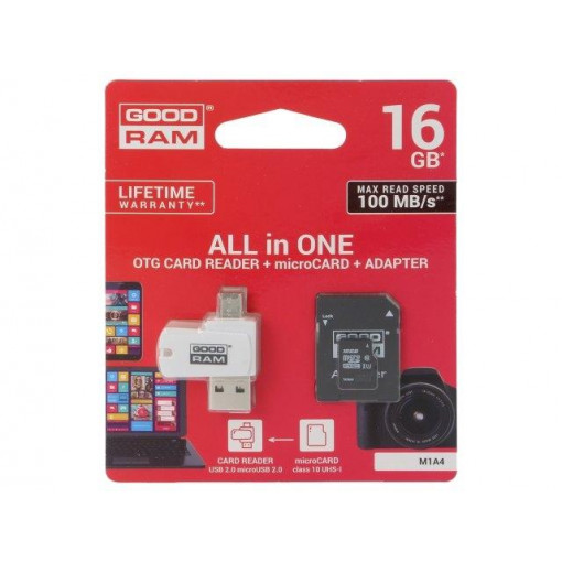 M1A4-0160R12; Memory card; SD HC Micro; 16GB; Read: 100MB/s; Write: 10MB/s; GOODRAM M1A4-0160R12; Memory card; SD HC Micro; 16GB; Read: 100MB/s; Write: 10MB/s; GOODRAM