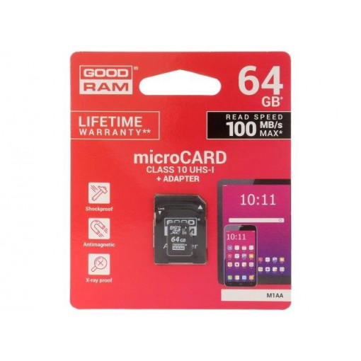 M1AA-0640R12; Memory card; SD XC Micro; 64GB; Read: 100MB/s; Write: 10MB/s; GOODRAM M1AA-0640R12; Memory card; SD XC Micro; 64GB; Read: 100MB/s; Write: 10MB/s; GOODRAM