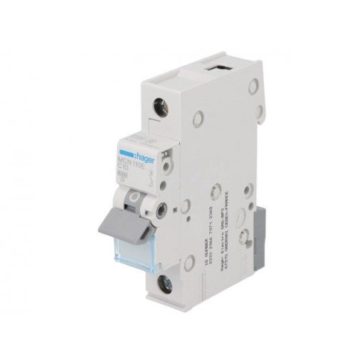 MCN110E; Circuit breaker; 230VAC; Inom: 10A; Poles: 1; DIN; Charact: C; 6kA; HAGER