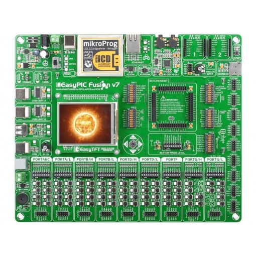 EASYPIC FUSION V7; Dev.kit: Microchip PIC; Family: DSPIC,PIC24,PIC32; Comp: VS1053; MIKROELEKTRONIKA