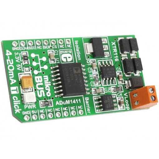 4-20MA T CLICK; Click board; converter; 2-wire 4-20mA loop,SPI; ADuM1411; MIKROELEKTRONIKA 4-20MA T CLICK; Click board; converter; 2-wire 4-20mA loop,SPI; ADuM1411; MIKROELEKTRONIKA