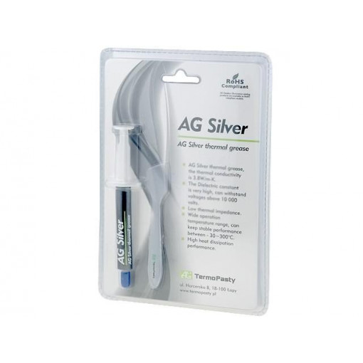 ART.AGT-107; Heat transfer paste; silver; silicone+silver; 3g; AG SILVER; AG TERMOPASTY ART.AGT-107; Heat transfer paste; silver; silicone+silver; 3g; AG SILVER; AG TERMOPASTY
