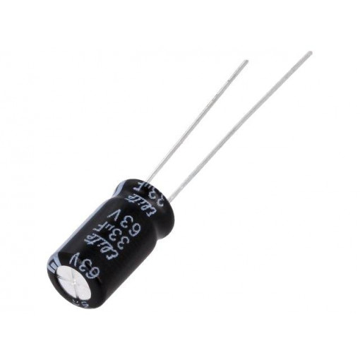 PF1J330MNN6311U; Capacitor: electrolytic; THT; 33uF; 63VDC; Ø6.3x11mm; Pitch: 2.5mm; Elite PF1J330MNN6311U; Capacitor: electrolytic; THT; 33uF; 63VDC; Ø6.3x11mm; Pitch: 2.5mm; Elite
