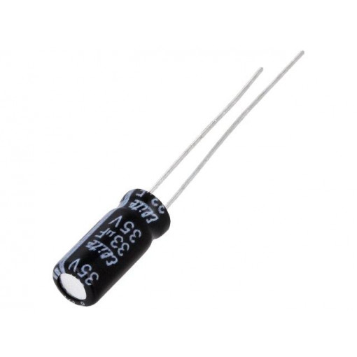PF1V330MNN0511U; Capacitor: electrolytic; THT; 33uF; 35VDC; Ø5x11mm; Pitch: 2mm; ±20%; Elite