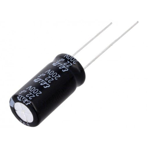 PF2D220MNN1020; Capacitor: electrolytic; THT; 22uF; 200VDC; Ø10x20mm; Pitch: 5mm; Elite