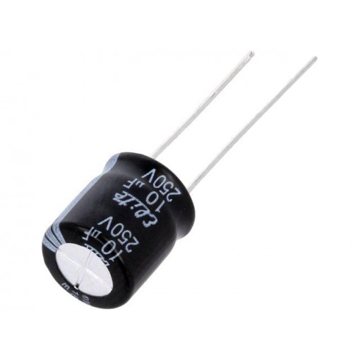 PF2E100MNN1012; Capacitor: electrolytic; THT; 10uF; 250VDC; Ø10x12mm; Pitch: 5mm; Elite