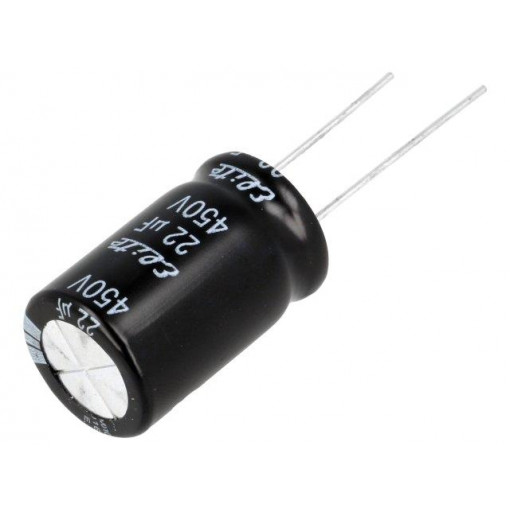 PF2W220MNN1625; Capacitor: electrolytic; THT; 22uF; 450VDC; Ø16x25mm; Pitch: 7.5mm; Elite PF2W220MNN1625; Capacitor: electrolytic; THT; 22uF; 450VDC; Ø16x25mm; Pitch: 7.5mm; Elite