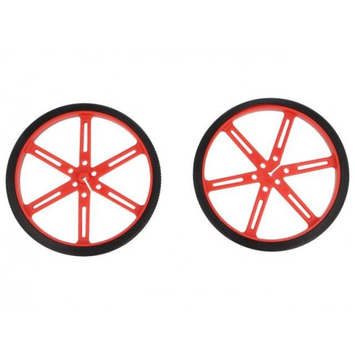 WHEEL 90×10MM PAIR RED; Wheel; red; Shaft: D spring; Pcs: 2; push-in; Ø: 90mm; Shaft dia: 3mm; POLOLU