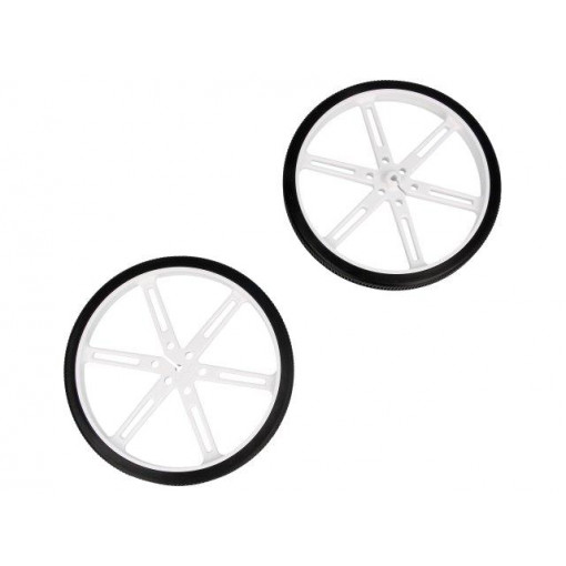 WHEEL 90×10MM PAIR WHITE; Wheel; white; Shaft: D spring; Pcs: 2; push-in; Ø: 90mm; W: 10mm; POLOLU