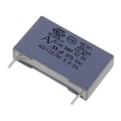 R46KN333000N0K; Capacitor: polypropylene; X2; 330nF; 22.5mm; ±10%; 26.5x6x15mm; KEMET