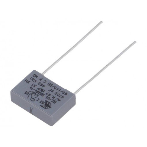 R474F147050A1K; Capacitor: polypropylene; X1; 4.7nF; 440VAC; ±20%; THT; Pitch: 10mm; KEMET R474F147050A1K; Capacitor: polypropylene; X1; 4.7nF; 440VAC; ±20%; THT; Pitch: 10mm; KEMET