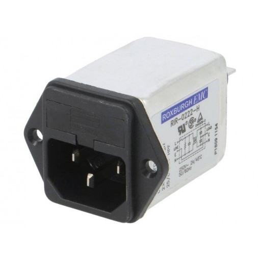 RIR0222H; Connector: AC supply; socket; male; 2A; 250VAC; IEC 60320; -25÷85°C; ROXBURGH EMC
