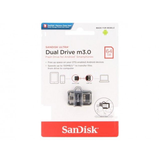 SDDD3-064G-G46; Pendrive; OTG,USB 3.0; 64GB; 150MB/s; Micro USB,USB A; SANDISK SDDD3-064G-G46; Pendrive; OTG,USB 3.0; 64GB; 150MB/s; Micro USB,USB A; SANDISK