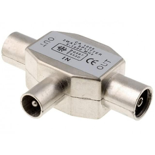 ; Splitter; coaxial 9.5mm plug,coaxial 9.5mm socket x2; ; Splitter; coaxial 9.5mm plug,coaxial 9.5mm socket x2;