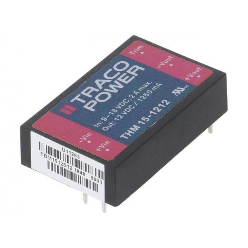 THM 15-1212; Converter: DC/DC; 15W; Uin: 9÷18V; 12VDC; Iout: 1250mA; 1,6