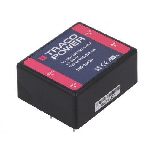 TMF 20124; Converter: AC/DC; 20W; Uout: 24VDC; Iout: 833mA; 84%; Mounting: PCB; TRACO POWER