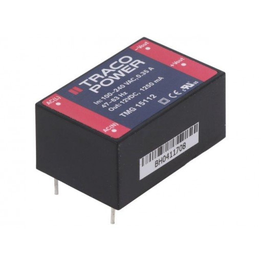 TMG 15112; Converter: AC/DC; 15W; Uout: 12VDC; Iout: 1250mA; 84%; Mounting: PCB; TRACO POWER