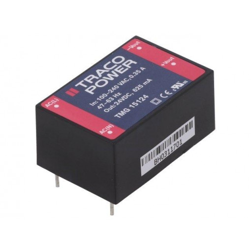 TMG 15124; Converter: AC/DC; 15W; Uout: 24VDC; Iout: 625mA; 85%; Mounting: PCB; TRACO POWER