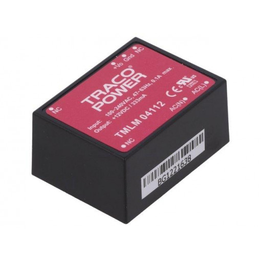 TMLM 04112; Converter: AC/DC; 4W; Uout: 12VDC; Iout: 333mA; 70%; Mounting: PCB; TRACO POWER
