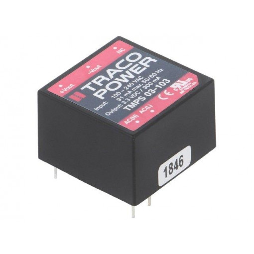 TMPS 03-103; Converter: AC/DC; 3W; Uout: 3.3VDC; Iout: 900mA; 70%; Mounting: PCB; TRACO POWER