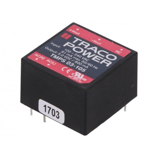 TMPS 03-105; Converter: AC/DC; 3W; Uout: 5VDC; Iout: 600mA; 72%; Mounting: PCB; TRACO POWER