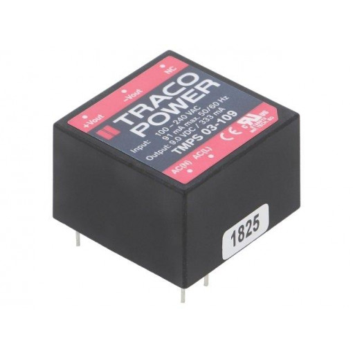 TMPS 03-109; Converter: AC/DC; 3W; Uout: 9VDC; Iout: 333mA; 77%; Mounting: PCB; TRACO POWER