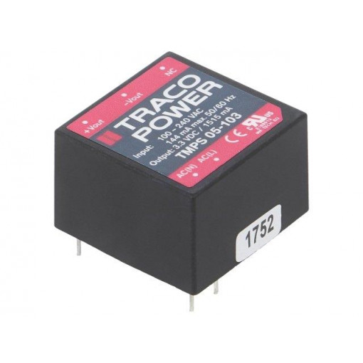 TMPS 05-103; Converter: AC/DC; 5W; Uout: 3.3VDC; Iout: 1515mA; 74%; Mounting: PCB; TRACO POWER