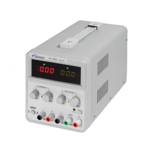 TP-1603; Power supply: laboratory; Channels: 2; 0÷60VDC; 0÷3A; 5VDC; 1A; TWINTEX