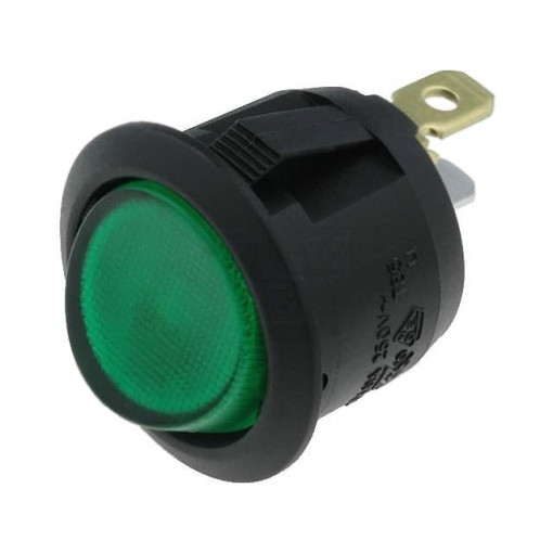 ; ROCKER; SPST; Pos: 2; OFF-ON; 10A/250VAC; 10A/24VDC; green; 100mΩ; 