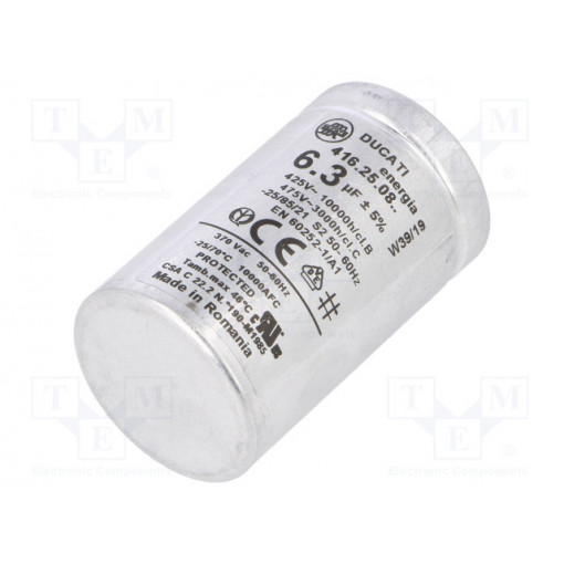 4.16.25.08.28; Capacitor: motors, run; 5uF; 425VAC; Ø35x60mm; -25÷70°C; ±5%; DUCATI ENERGIA 4.16.25.08.28; Capacitor: motors, run; 5uF; 425VAC; Ø35x60mm; -25÷70°C; ±5%; DUCATI ENERGIA
