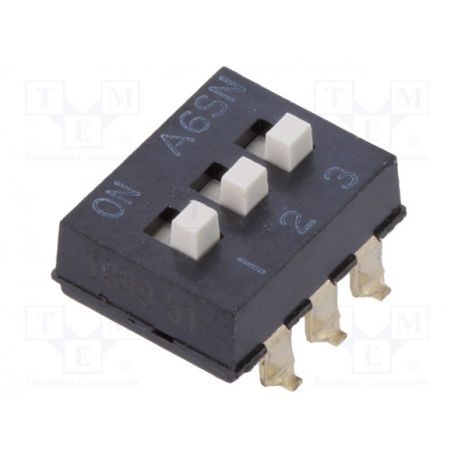 A6SN3104; Switch: DIP-SWITCH; Poles number: 3; ON-OFF; 0.025A/24VDC; Pos: 2; OMRON OCB