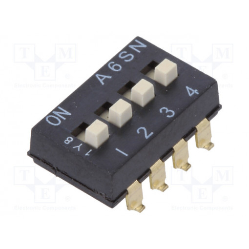 A6SN4104; Switch: DIP-SWITCH; Poles number: 4; ON-OFF; 0.025A/24VDC; Pos: 2; OMRON OCB