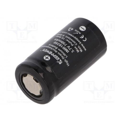 IMR18350 750MAH LI-ION; Re-battery: Li-Ion; 18350; 3.7V; 750mAh; Ø18x35mm; 8A; KEEPPOWER