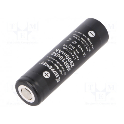 IMR18650 2900MAH HIGH DRAIN LI-ION; Re-battery: Li-Ion; 18650,MR18650; 3.7V; 2800mAh; Ø18.5x66mm; 10A; KEEPPOWER